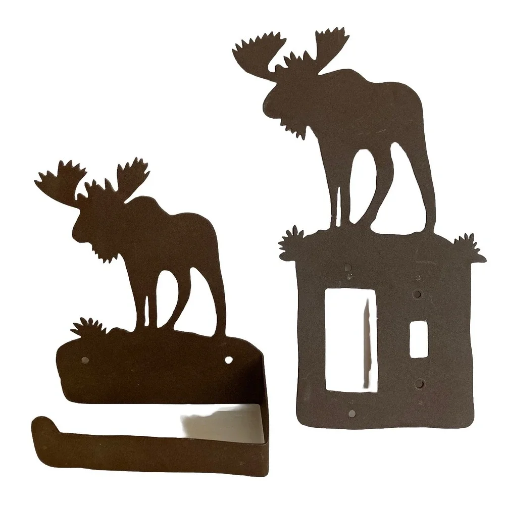 Vtg Metal Moose Light Switch Plate Cover & Toilet Paper Holder Cabin Camp Decor